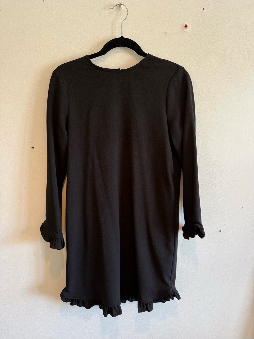 Ganni Clark Black Long-Sleeve Mini Dress with Ruffle Hem Shift Dress Size Small - Picture 3 of 10